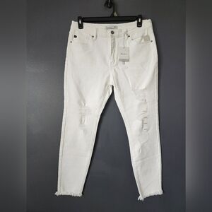 Kancan Kan Can White Fringe Hem High Rise Skinny Distressed Jeans 31x28 NEW NWT